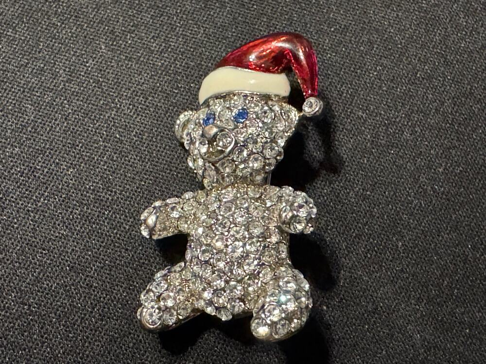 Vintage Silver Tone Rhinestone Christmas Teddy Bear Brooch